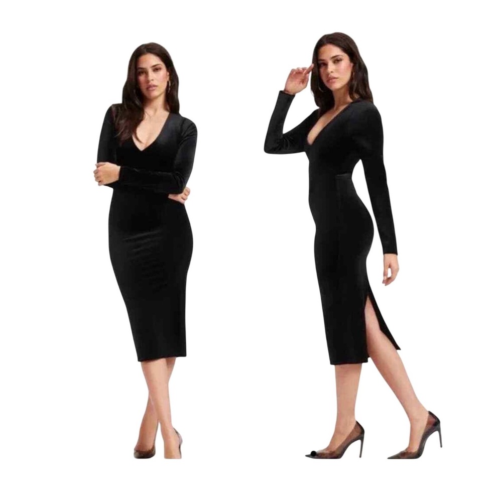 Good‎ American Plunging Velvet Midi Dress Black Long Sleeve Bodycon GDK0125 Med
